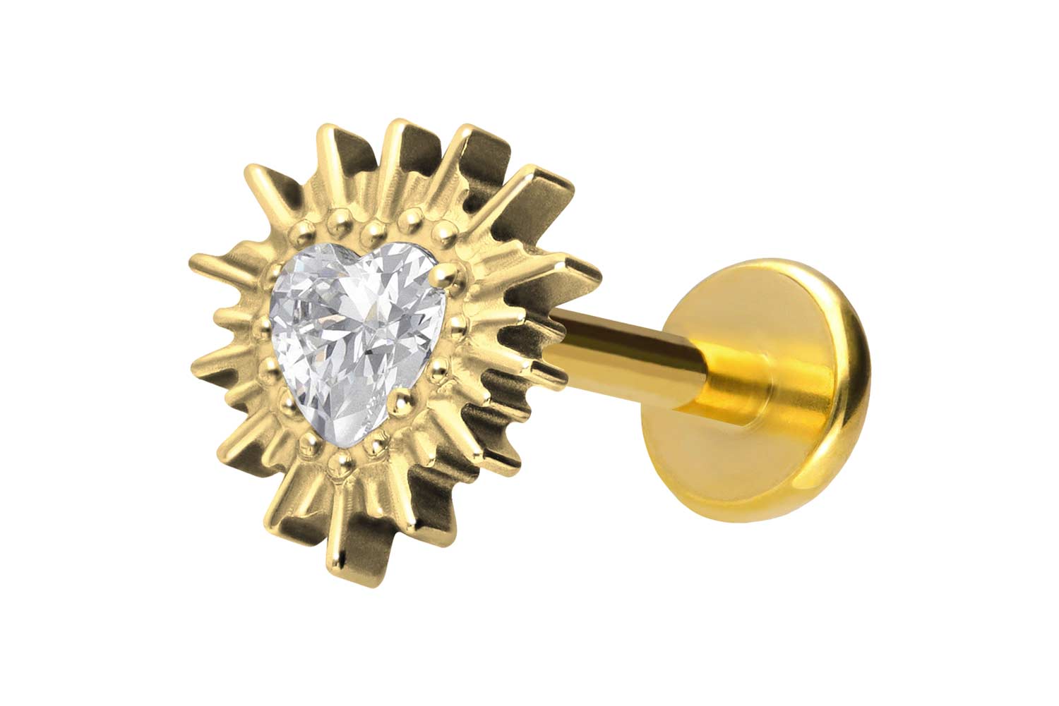 Titan Labret Piercing mit Push Fit KRISTALLHERZ + SONNENSTRAHLEN